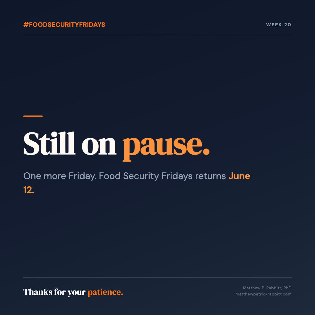 A dark slate graphic headed &ldquo;#FoodSecurityFridays&rdquo; and &ldquo;Week 20.&rdquo; Large headline: &ldquo;Still on pause.&rdquo; Below it: &ldquo;One more Friday. Food Security Fridays returns June 12.&rdquo; Footer: &ldquo;Thanks for your patience. Matthew P. Rabbitt, PhD.&rdquo;