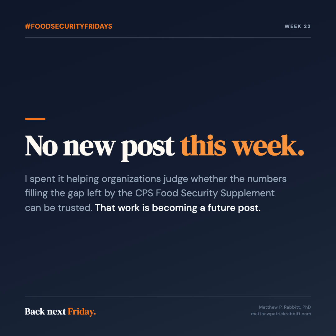 A dark slate graphic headed &ldquo;#FoodSecurityFridays&rdquo; and &ldquo;Week 22.&rdquo; Large headline: &ldquo;No new post this week.&rdquo; Below it: &ldquo;I spent it helping organizations judge whether the numbers filling the gap left by the CPS Food Security Supplement can be trusted. That work is becoming a future post.&rdquo; Footer: &ldquo;Back next Friday. Matthew P. Rabbitt, PhD, matthewpatrickrabbitt.com.&rdquo;